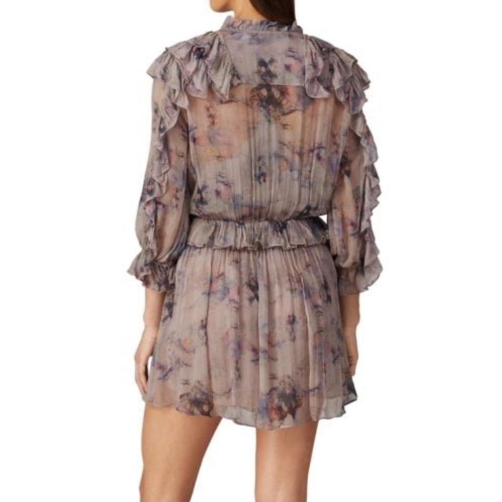 IRO Banon Floral Mini Blouson Dress Ruffles V-Neck Lace Up Size 44 - Picture 2 of 16